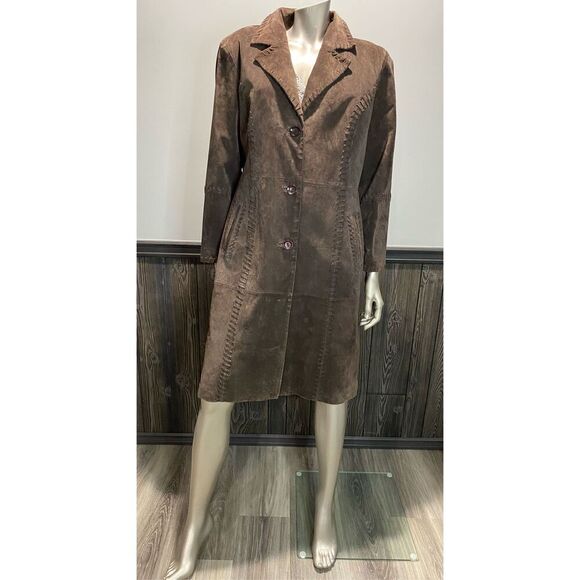 L, Nancy Bolen City Girl Boho suede knee length coat with whip stitch detail. - Picture 1 of 10